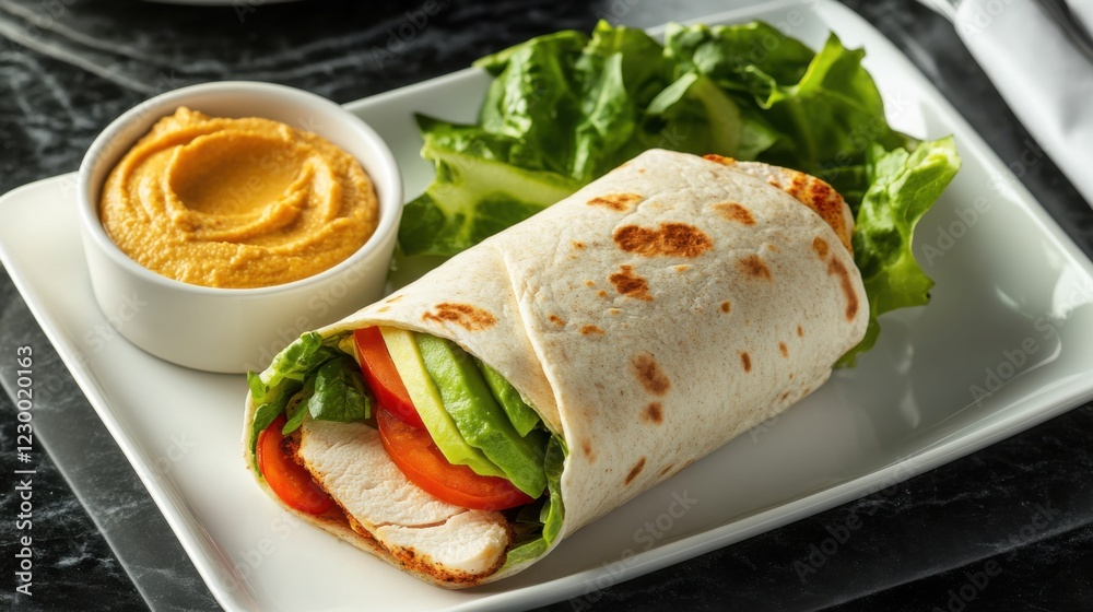 Delicious Chicken Wrap with Fresh Vegetables and Hummus Served on a White Plate Delicious Chicken Wrap with Fresh Vegetables and Hummus Served on a White Plate
