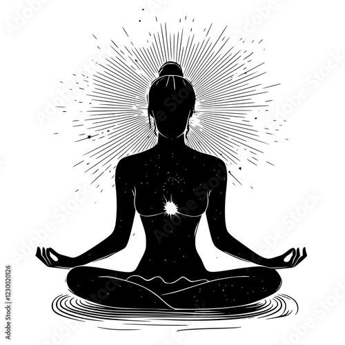 Silhouette of a meditating figure surrounded by radiant energy in a serene setting