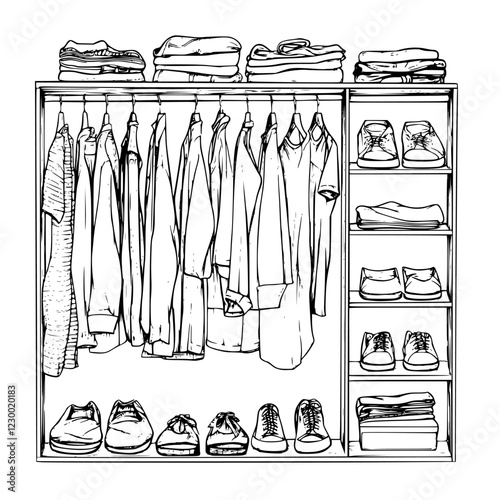 Stylish wardrobe filled with organized clothing and shoes for modern living in a minimalist design