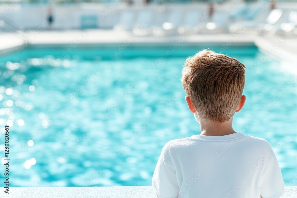 Fototapeta premium A person standing at the edge of a diving board, hesitating to jump into the pool below, with a nervous expression on their face