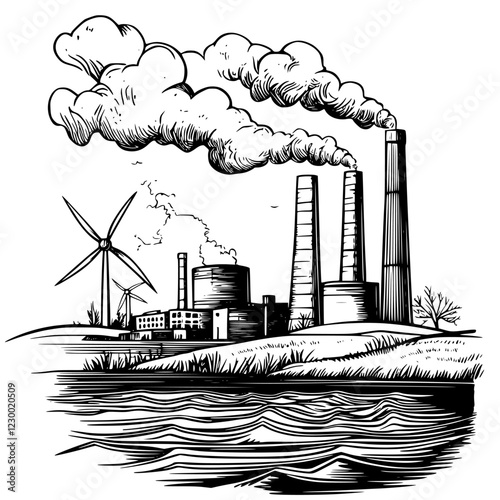 Industrial landscape showcasing contrasting energy sources with smoke and wind turbines near a water body