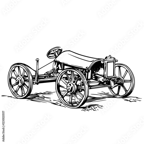 Vintage racing car illustration featuring wooden wheels and a simplistic design