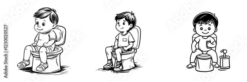 Boys learning about toilet training through playful steps in a children's illustration