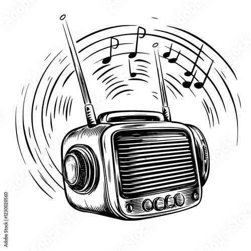 Classic radio broadcasting music with vintage design and sound waves depicted in black and white illustration