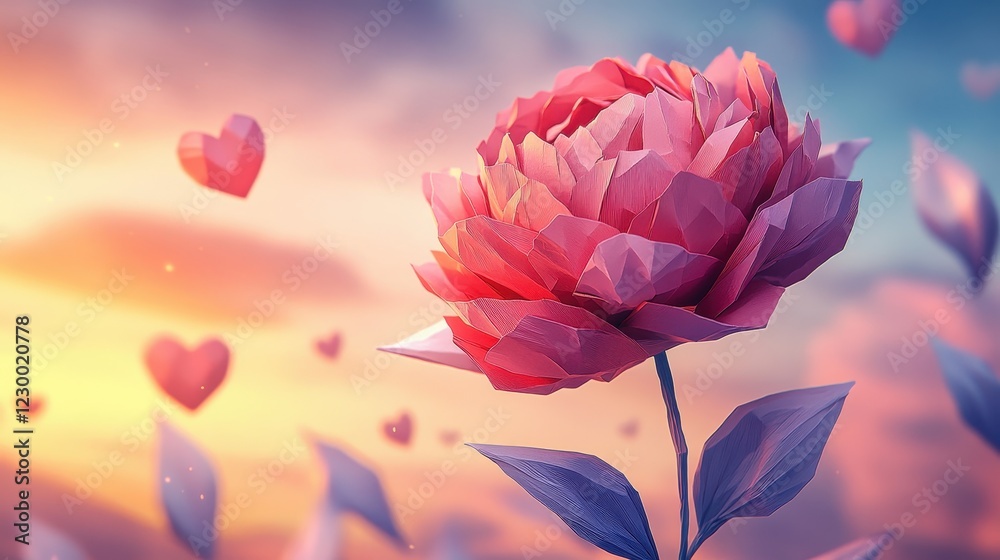 Obraz premium Low Poly Pink Flower with Heart Petals Against a Vibrant Sunset Sky in a Dreamy, Surreal Digital Art Style