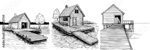 Charming wooden houses on stilts with docks over serene water, reflecting peaceful rural life in nature