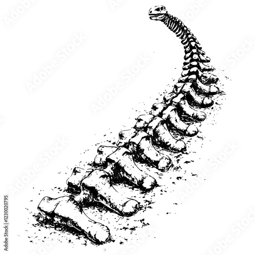 Artistic representation of a skeletal spine on a barren landscape with a futuristic touch