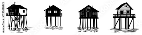 Unique silhouettes of elevated houses on stilts above calm water against a minimalist background