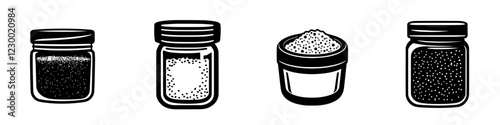 Variety of jars containing different types of granular substances in a modern kitchen setting