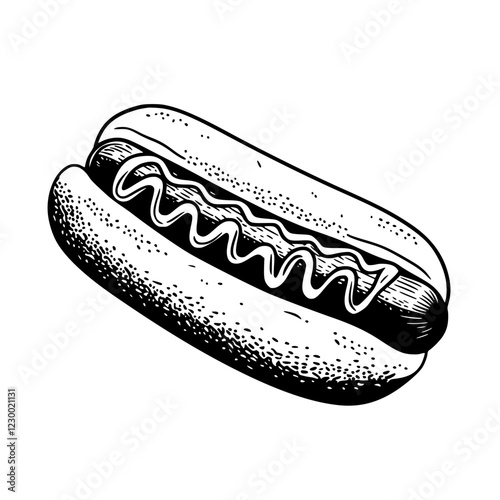 Delicious hot dog with mustard on a soft bun captured in a minimalist black and white illustration