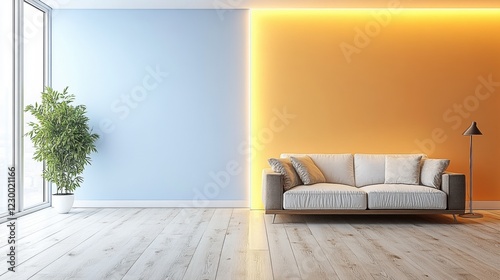Modern Living Room with Blue and Orange Walls and Cozy Sofa