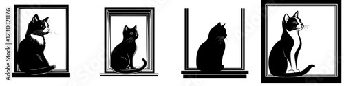 Cats observing the world from windows in a minimalist black and white design