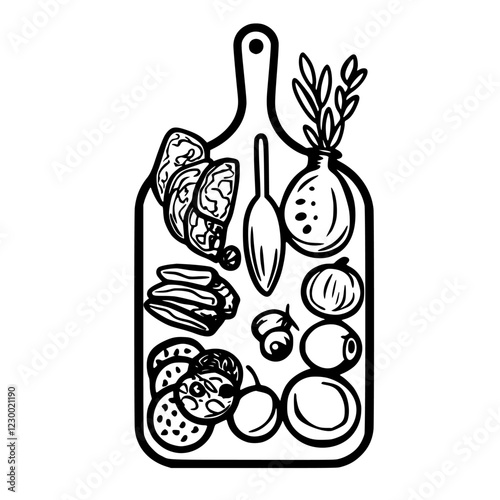 Artistic arrangement of assorted food items on a wooden cutting board showcasing fresh ingredients and creativity in kitchen preparation