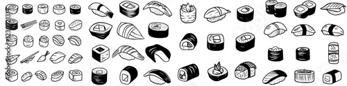 Various sushi types displayed in a detailed and artistic manner, showcasing culinary artistry and diverse flavors