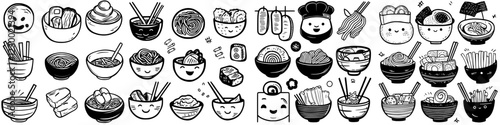 Diverse selection of vibrant food illustrations showcasing various noodle dishes in a playful, modern style
