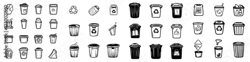 Collection of various waste bins and recycling containers designed with a minimalist and urban aesthetic in black and white
