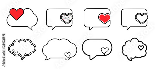 Set of speech bubble vector icons decorated with hearts, chat clouds
