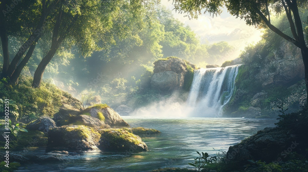 Sunlit Waterfall in Lush Forest, Tranquil Scene (1) Sunlit Waterfall in Lush Forest, Tranquil Scene (1)