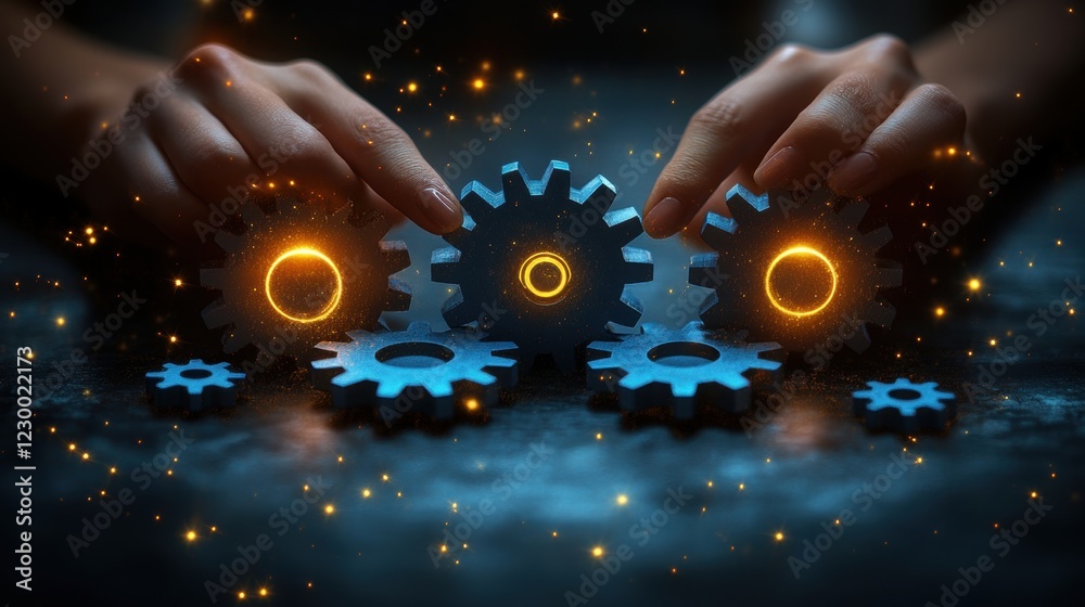 Fototapeta premium Hands Adjusting Gears with Glowing Elements in Dark Environment
