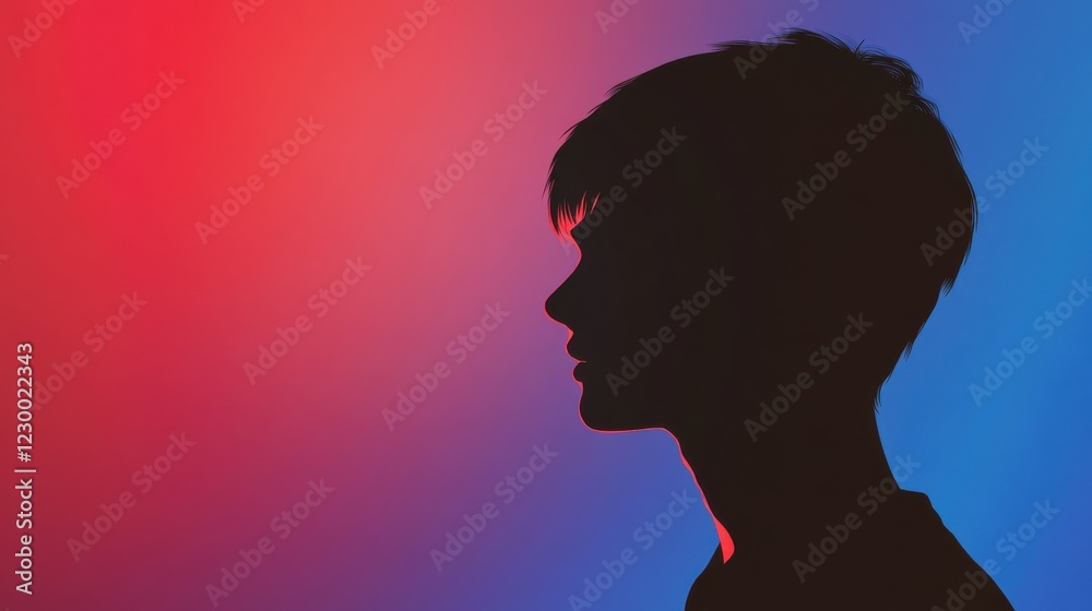 Silhouette Portrait with Vibrant Red and Blue Gradient Background Captures Introspection and Mystery Silhouette Portrait with Vibrant Red and Blue Gradient Background Captures Introspection and Mystery