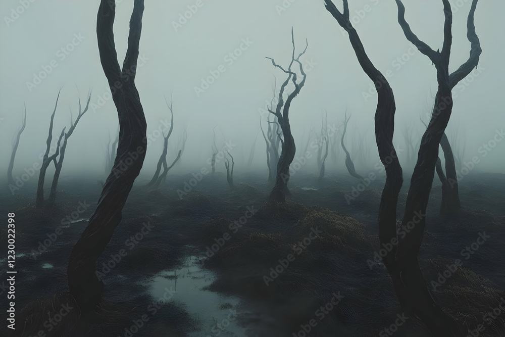 Naklejka premium Foggy swamp, twisted trees, eerie landscape, mystery mood, art