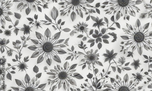 Tiny, intricate flower motifs in charcoal gray on white background,  small floral elements,  modern art, charcoal flowers