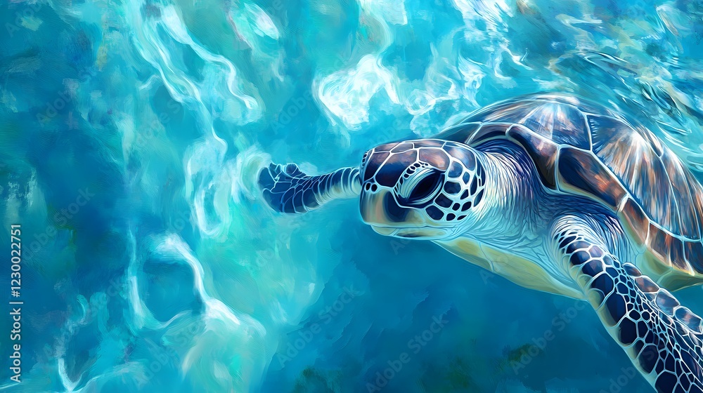 Fototapeta premium Majestic Sea Turtle Swimming in Clear Turquoise Ocean Water