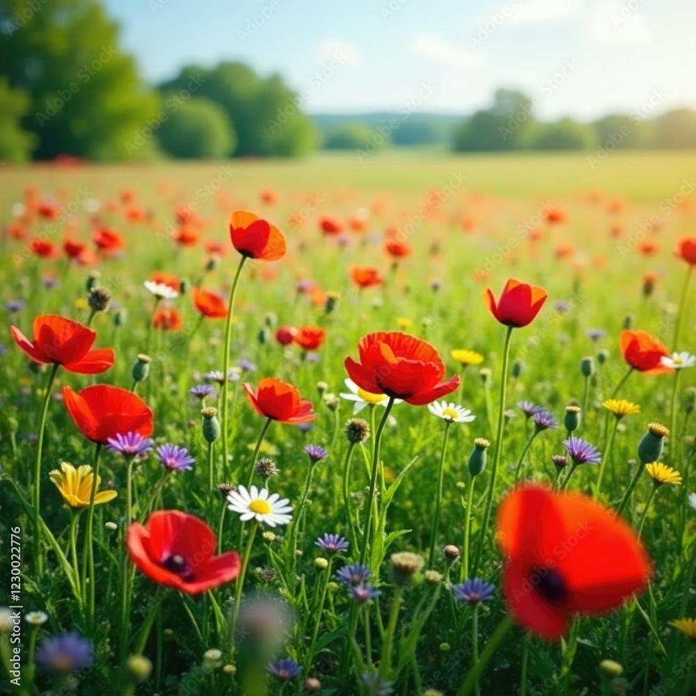 A colorful meadow filled with wild red poppies and other spring wildflowers, nature, colorful meadow