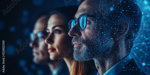 Innovation in artificial intelligence experts analyzing technological advancements digital workspace professional environment close-up perspective