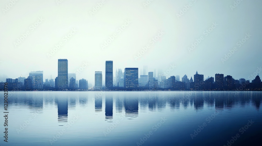 Fototapeta premium Tranquil city skyline reflected in calm water, modern buildings with a serene blue hue, perfect for peaceful design themes.