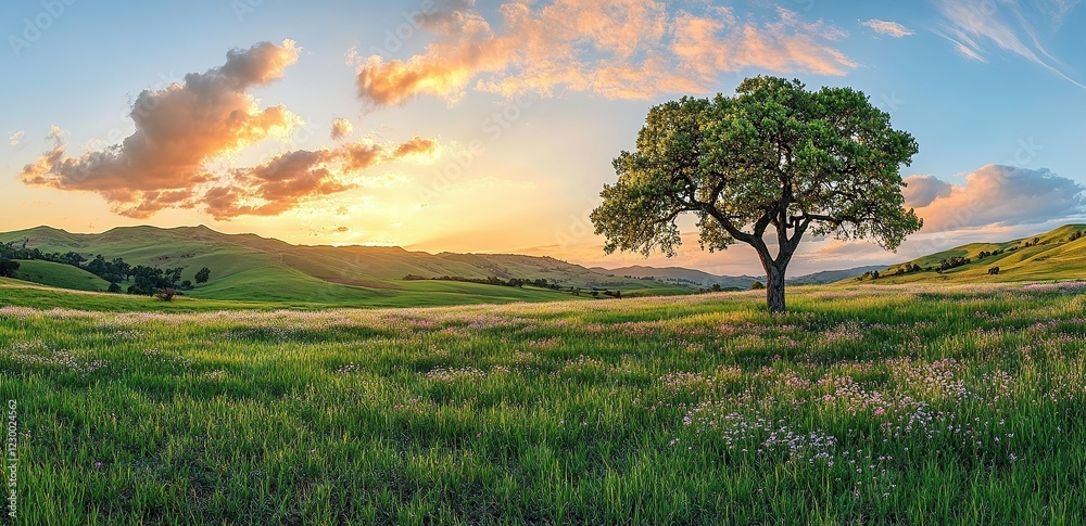Fototapeta premium A heart-shaped tree stands in the center of an open field, surrounded by lush green grass