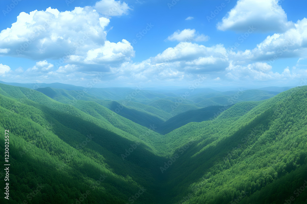 Fototapeta premium Mountain valley landscape, sunny day