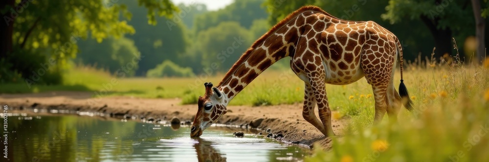 Fototapeta premium Giraffe drinking from watering hole , watercolor, safari