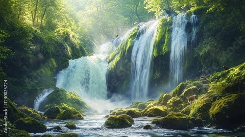 Sunlit Waterfall in Lush Forest