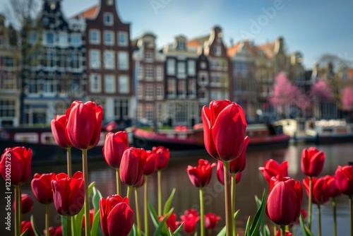 Red tulips are blooming on an amsterdam canal with typical dutch houses in the background photo