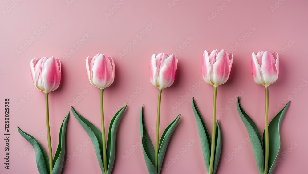 a flat lay of six pink tulips on a pastel pink background. The tulips are arranged in a row, with their stems and leaves visible. a flat lay of six pink tulips on a pastel pink background. The tulips are arranged in a row, with their stems and leaves visible.