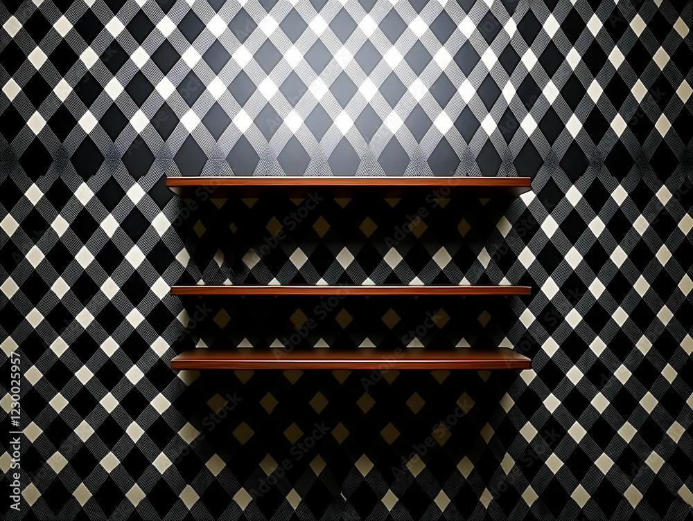 Naklejka premium Empty wooden shelves, black-white wall, interior design