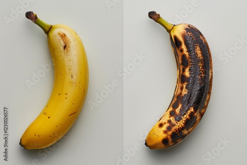 A fresh yellow banana contrasts with an overripe blackened banana, showcasing stages of ripeness. Conceptual Still Life: Fresh vs. Wrinkled Fruit photo