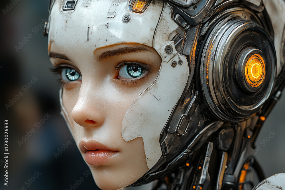 Fototapeta premium female robot face, artificial intelligence concept, futuristic concept 