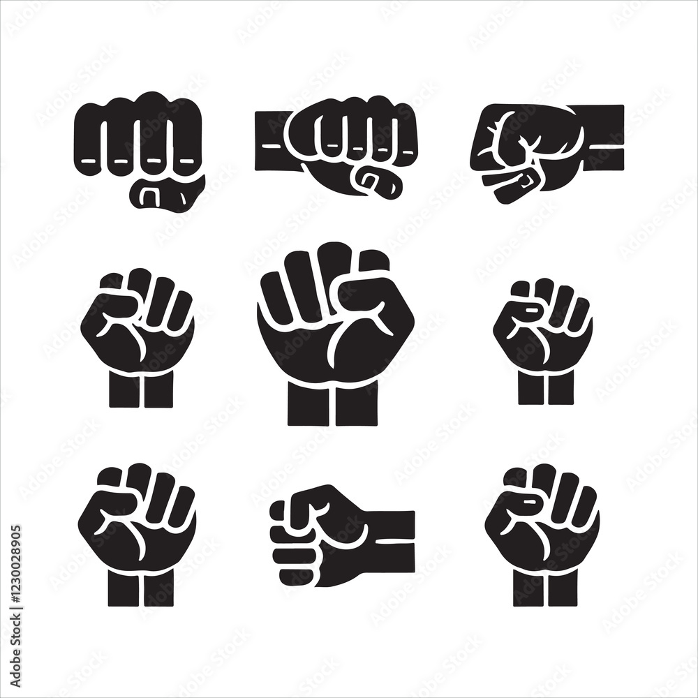 Fototapeta premium Punch fist hand icon vector set silhouette on white background 