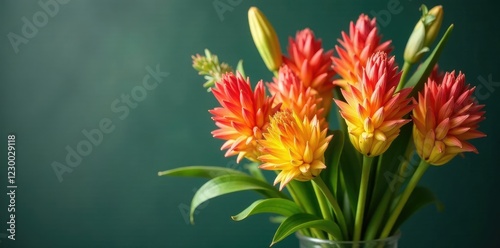 Kniphofia tritoma flowers in a vase filled with greenery, leaves, floral arrangement photo