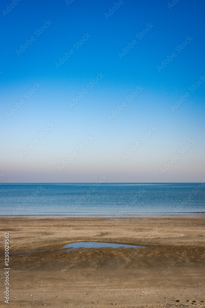 Serene beach with calm sea and clear blue sky