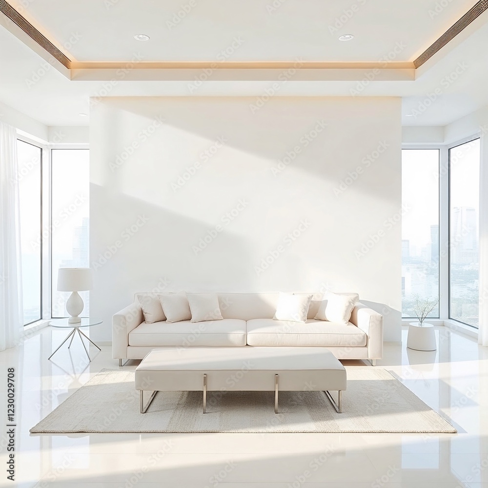 Fototapeta premium Interior of a bright living room, empty white wall background, reflective floor