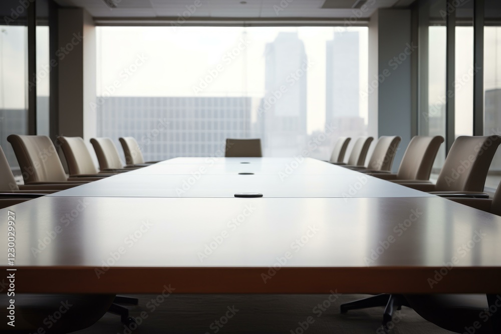 Fototapeta premium Modern conference room with empty chairs and large table, overlooking a cityscape through large windows