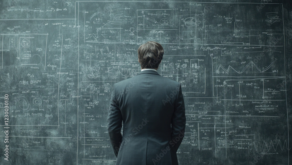Businessman Analyzing Complex Data on a High-Tech Chalkboard design Businessman Analyzing Complex Data on a High-Tech Chalkboard design