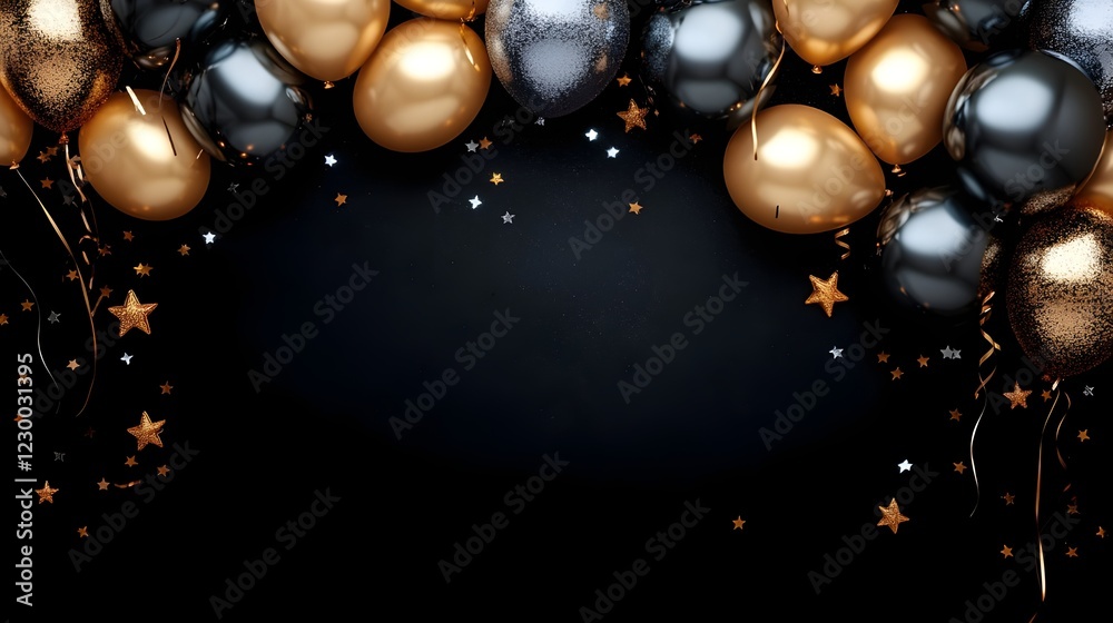 Elegant Gold and Black Balloons with Floating Glitter on Dark Background, Luxury Party Decoration, Sophisticated Celebration Backdrop, Festive Design for Anniversary, New Year, Birthday, Elegant Event Elegant Gold and Black Balloons with Floating Glitter on Dark Background, Luxury Party Decoration, Sophisticated Celebration Backdrop, Festive Design for Anniversary, New Year, Birthday, Elegant Event
