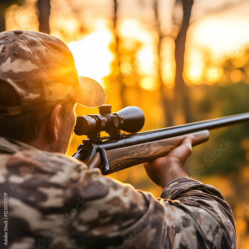 Hunter aiming rifle sunset forest photo