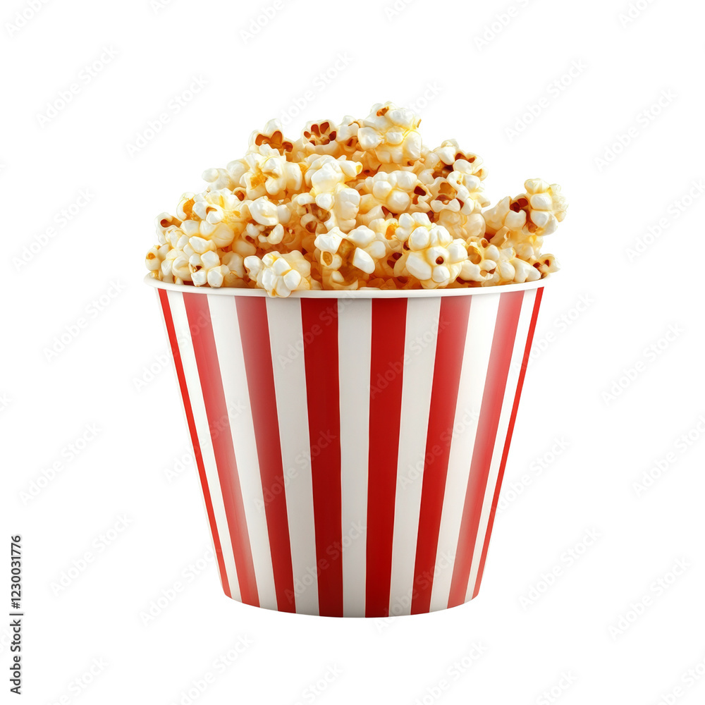 A red and white striped bucket is overflowing with a delicious pile of freshly buttered popcorn. A red and white striped bucket is overflowing with a delicious pile of freshly buttered popcorn.