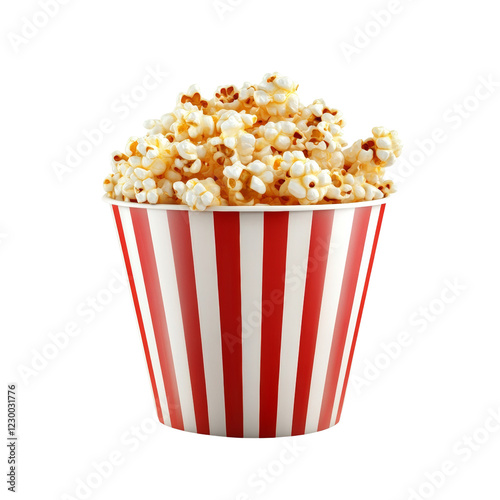 A red and white striped bucket is overflowing with a delicious pile of freshly buttered popcorn. photo