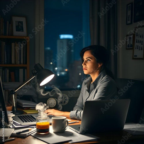 Mujer hispana pensando mucho mientras está sola en su oficina por la noche